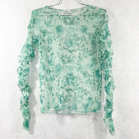 Zara Sheer Floral Ruched Sleeve Tulle Top - Picture 2 of 8